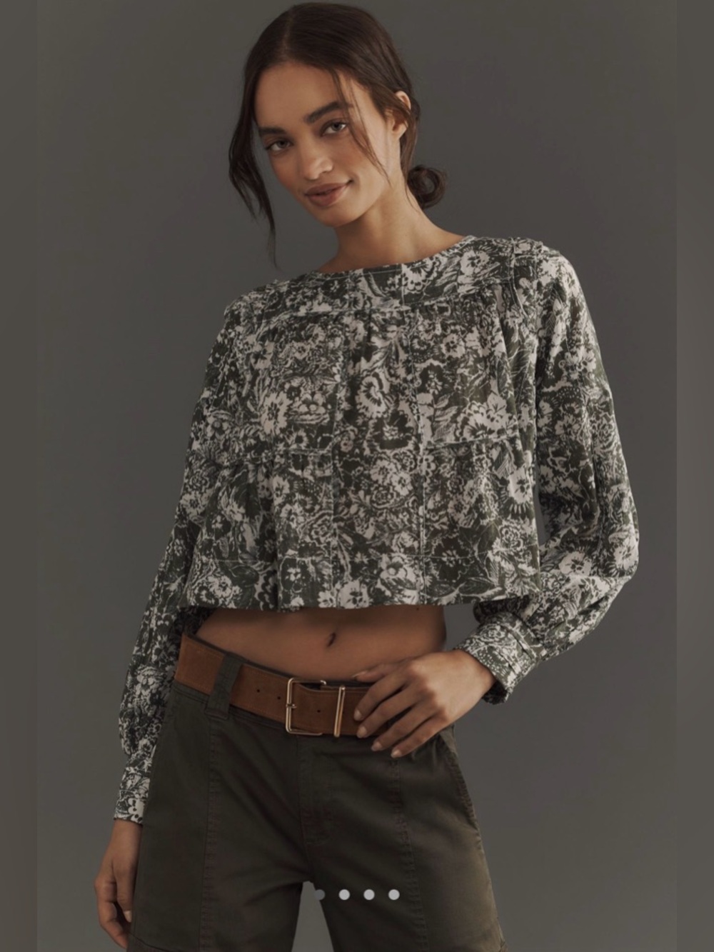 By Anthropologie Relaxed Long-Sleeve Swing Blouse Green Floral Pattern S NWOT